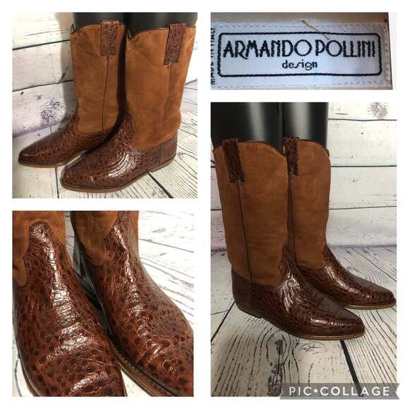 Vintage Armando Pollini cowgirl reptile & suede leather brown boots size 6 (37) - Picture 12 of 12